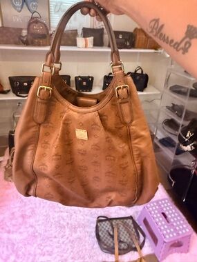 MCM Cognac Brown Leather Shoulder Bag with Gold Hardware